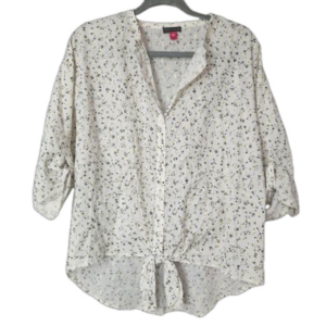 NWT Vince Camuto Floral Print 3/4 Roll Tab Sleeve Tied Button Front Blouse Sm